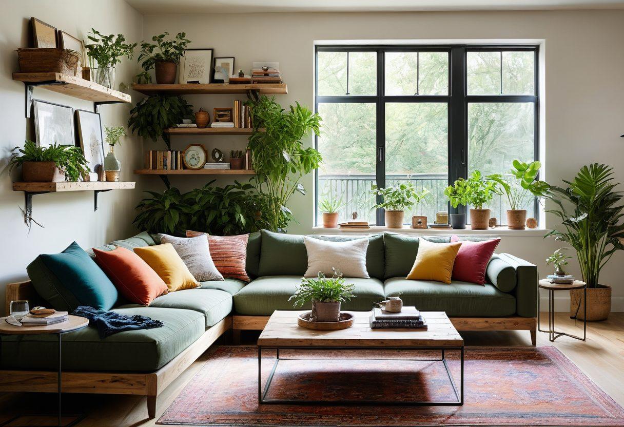 A cozy and stylish living room showcasing sustainable furniture made from reclaimed wood and eco-friendly materials. Soft natural light illuminates the space, highlighting neatly organized shelves filled with plants and minimalist decor. Include a comfortable sofa adorned with vibrant cushions and a chic coffee table surrounded by greenery. A warm color palette creates an inviting atmosphere. super-realistic. vibrant colors. natural lighting.