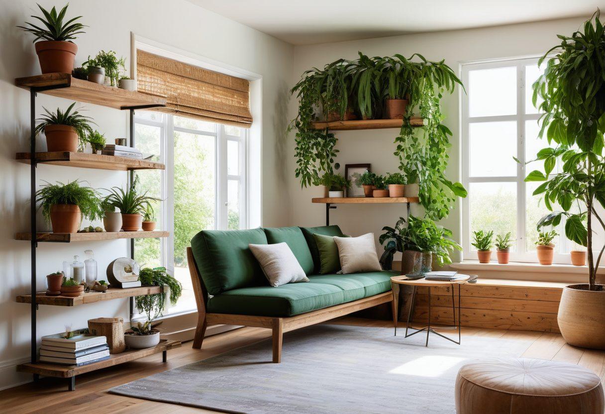 A beautifully organized living space showcasing sustainable furnishings, featuring eco-friendly shelves, natural wood accents, and potted plants. The room is bathed in warm, natural light, emphasizing minimalism and elegance, with a cozy reading nook and artisanal storage solutions. The overall aesthetic should inspire harmony between functionality and nature. super-realistic. vibrant colors. soft natural light.