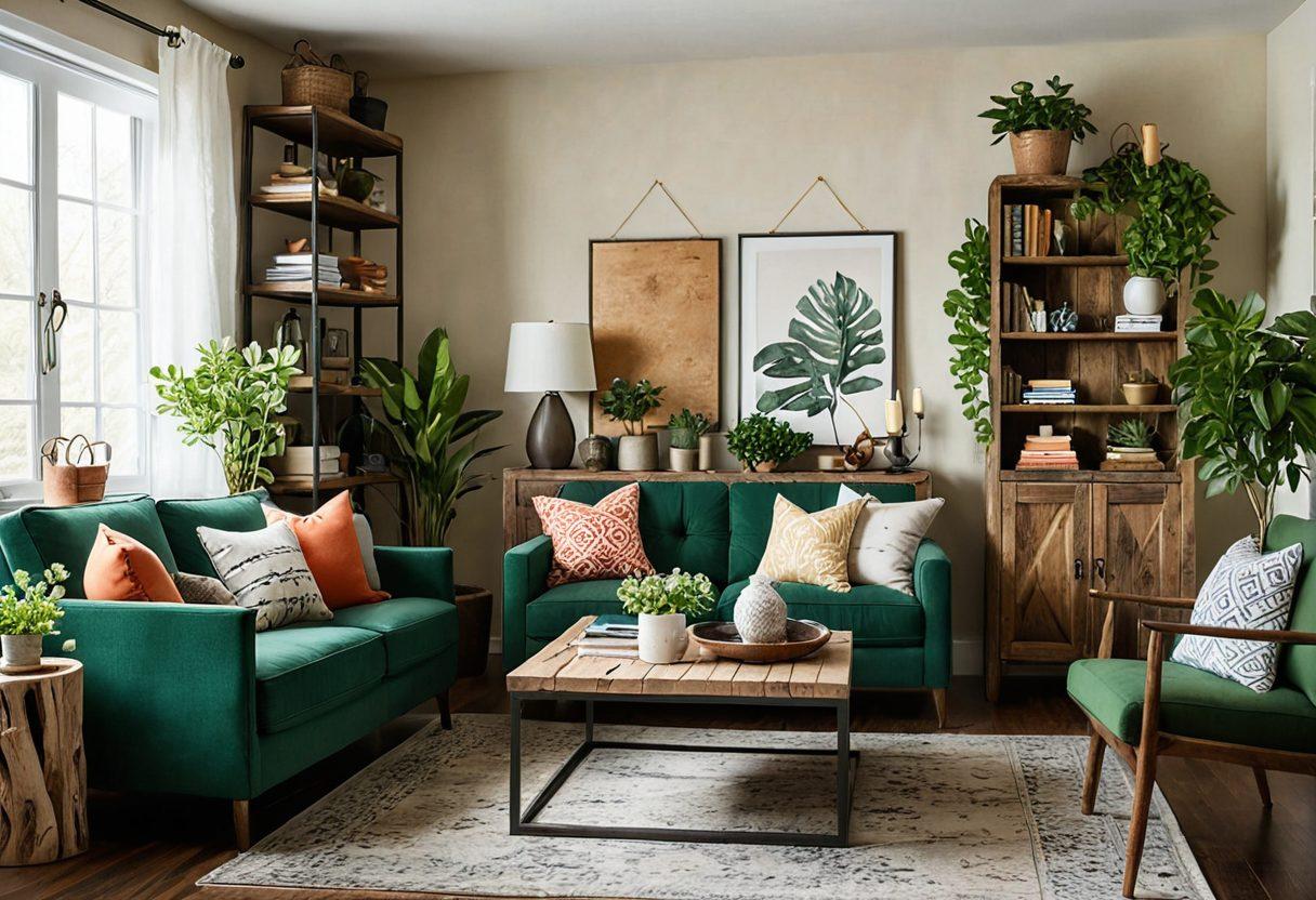 A cozy, stylish living room showcasing a variety of DIY furniture made from reclaimed wood, complemented by beautifully organized cabinetry filled with artistic storage solutions. Include plants for a touch of greenery and warm lighting to create an inviting atmosphere. Capture the essence of creativity and organization intertwined. super-realistic. vibrant colors. cozy atmosphere.